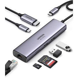 USB-C ჰაბი UGREEN CM512 (60515) Type-C USB-C Multifunction Adapter, 2xUSB3.0, HDMI, SD/TF, PD 100W, RJ45, Gray